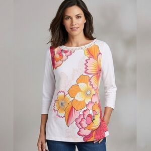 Ruby Rd. White Long Sleeve Scoop Neck Top with Orange & Pink Floral Print